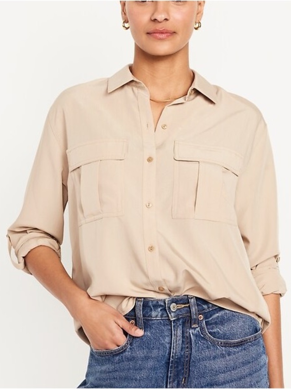 NWT Old Navy Cream Tan Relaxed Utility Button-Up Shirt Size Small Tall